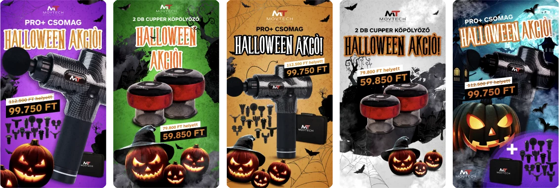 Halloween akciós hirdetések masszázspisztolyhoz és köpölyözőhöz