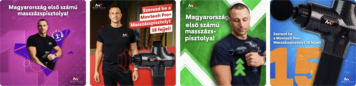 Masszázspisztoly hirdetési kreatívok négy változatban