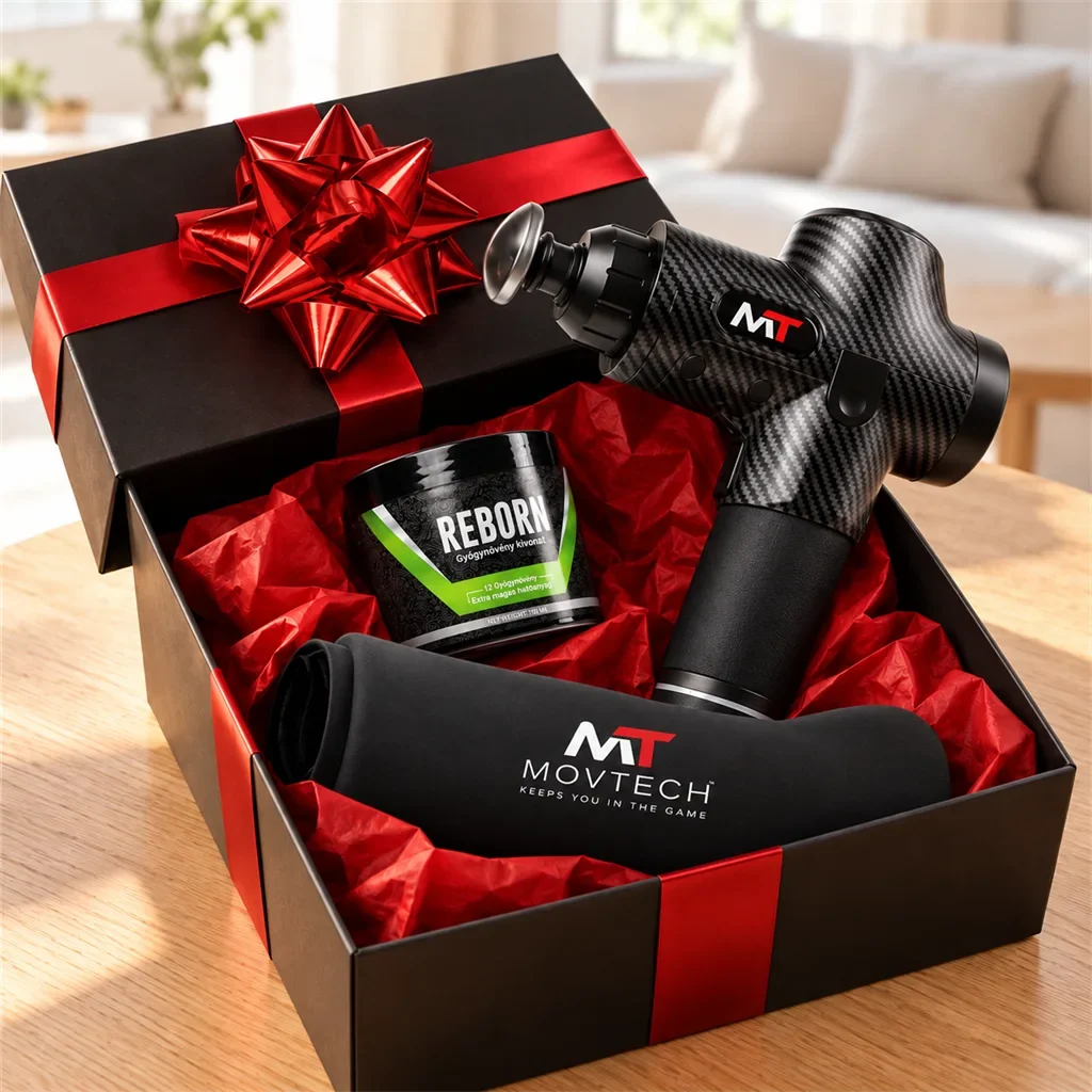 TOP 10 ajándékötlet: fekete díszdoboz masszázspisztollyal, ReBorn krémmel és Cryoflex bandázzsal