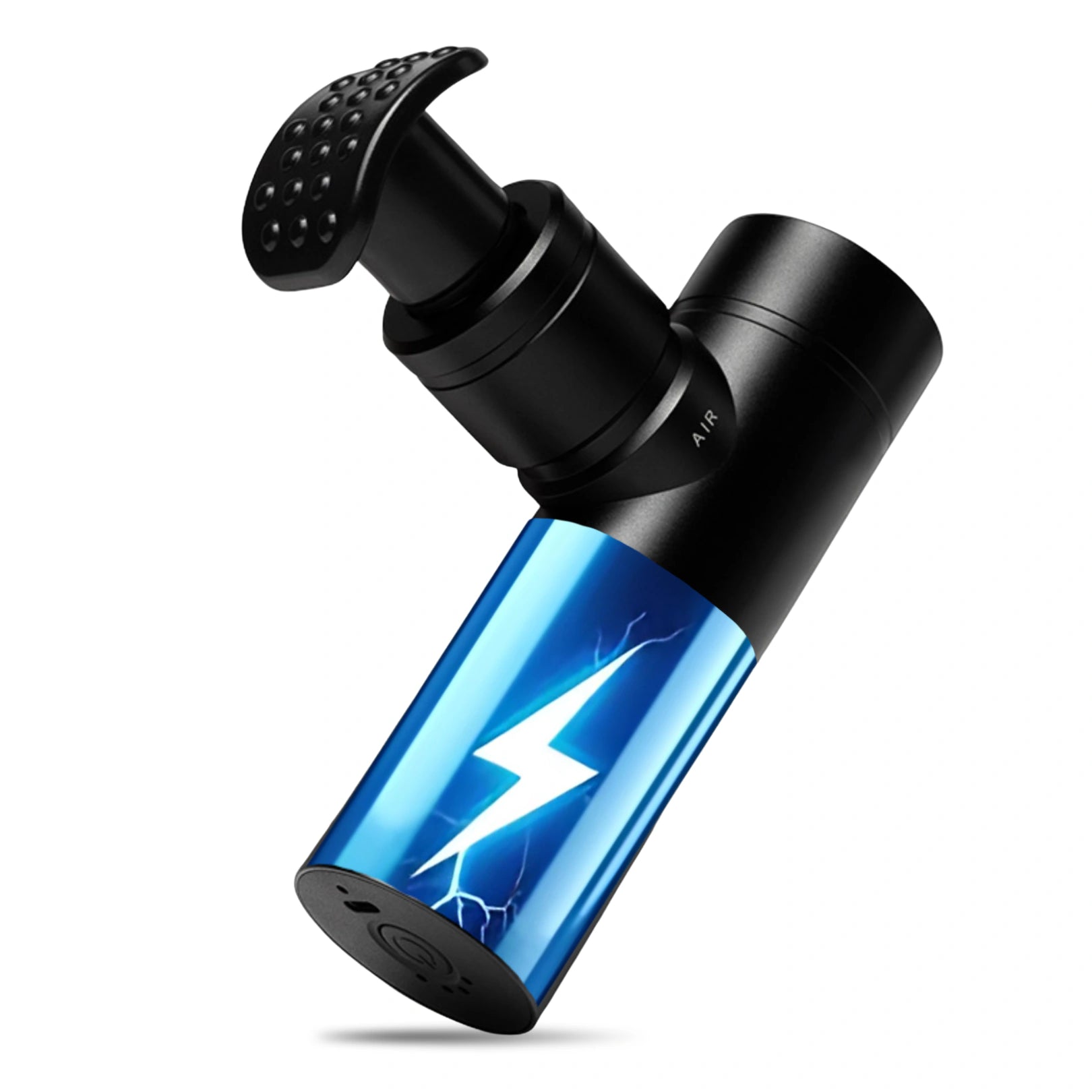 Movtech AIR Mini masszázspisztoly fekete készüléke bütykös masszázsfejjel, a testén kék villám grafikával