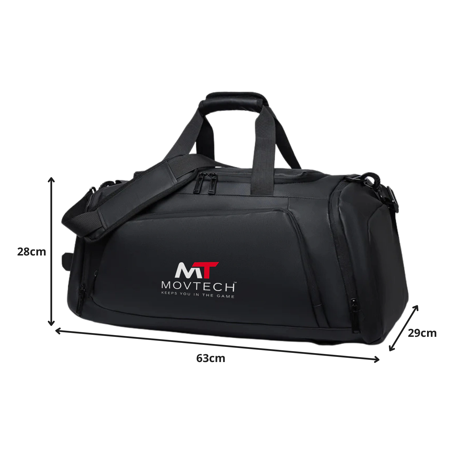 Movtech Carry Bag fekete sporttáska és hátizsák pontos méretjelölésekkel áttetsző háttérrel