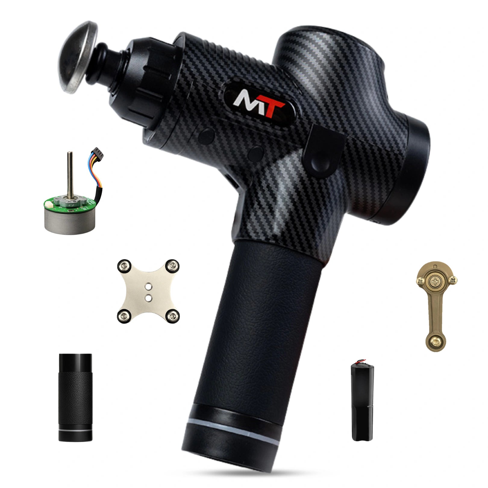 Movtech Classic masszázspisztoly a belső alkatrészeivel: motor, tartólemez, ellensúly és akkumulátorok