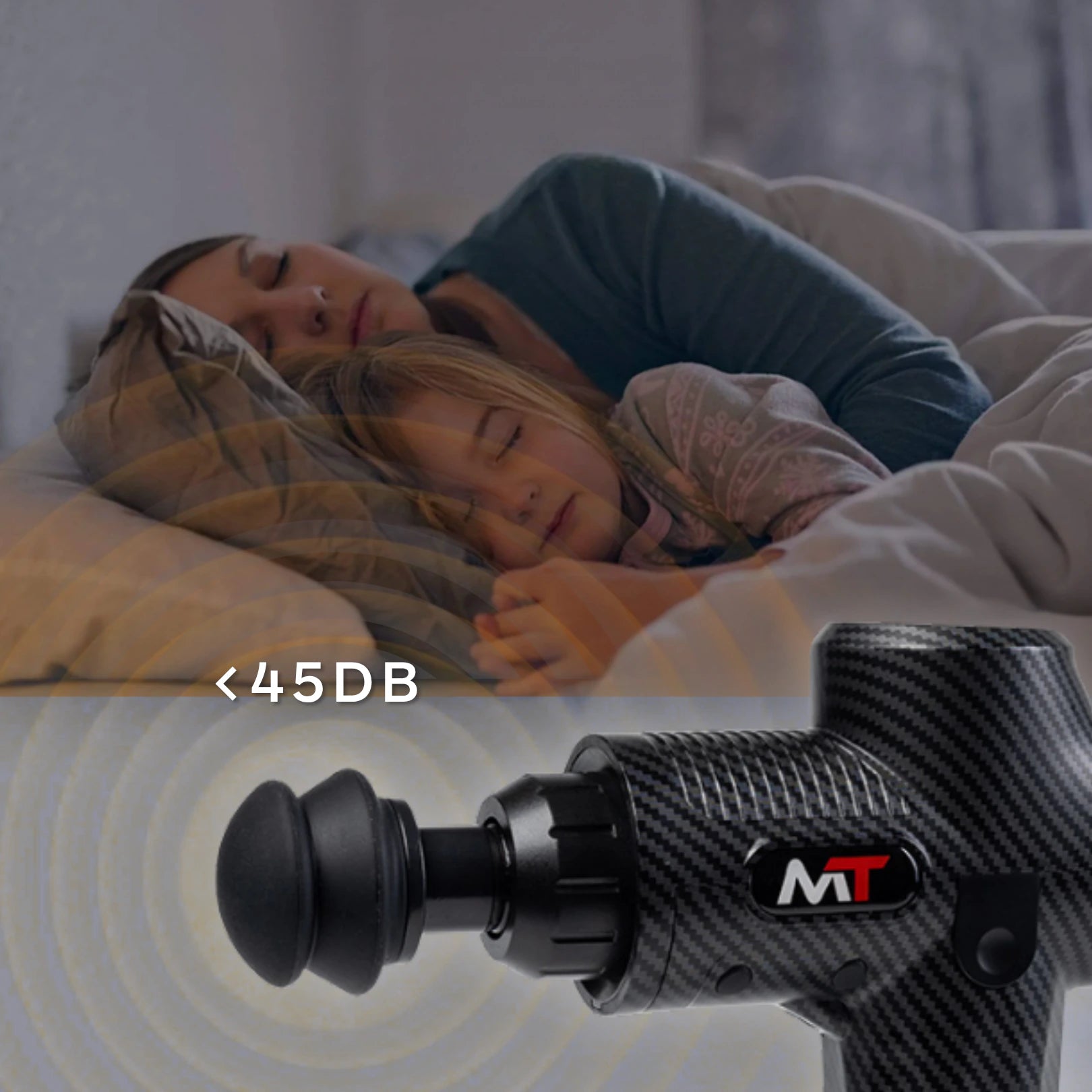 Movtech Classic masszázspisztoly 45 decibel alatti halk működése, alvó anya és gyermeke mellett