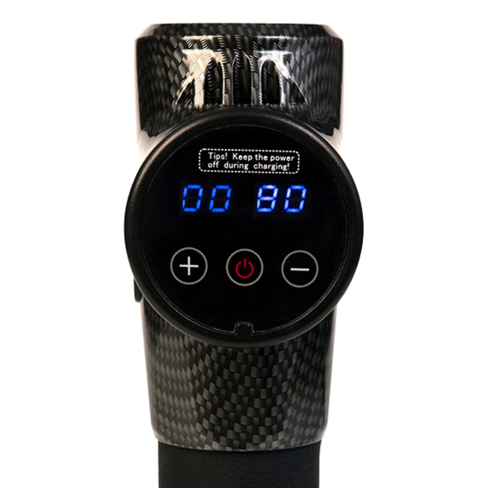 Movtech Classic masszázspisztoly digitális kijelzője közelről, érintőgombokkal