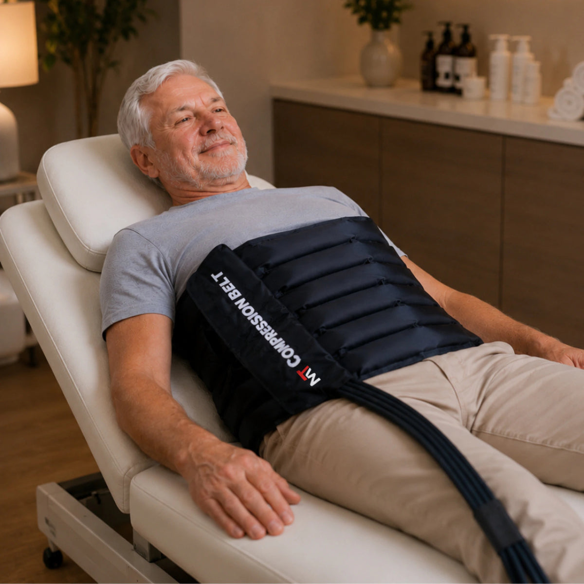 Movtech Compression Belt a hason, pihenőszékben fekve