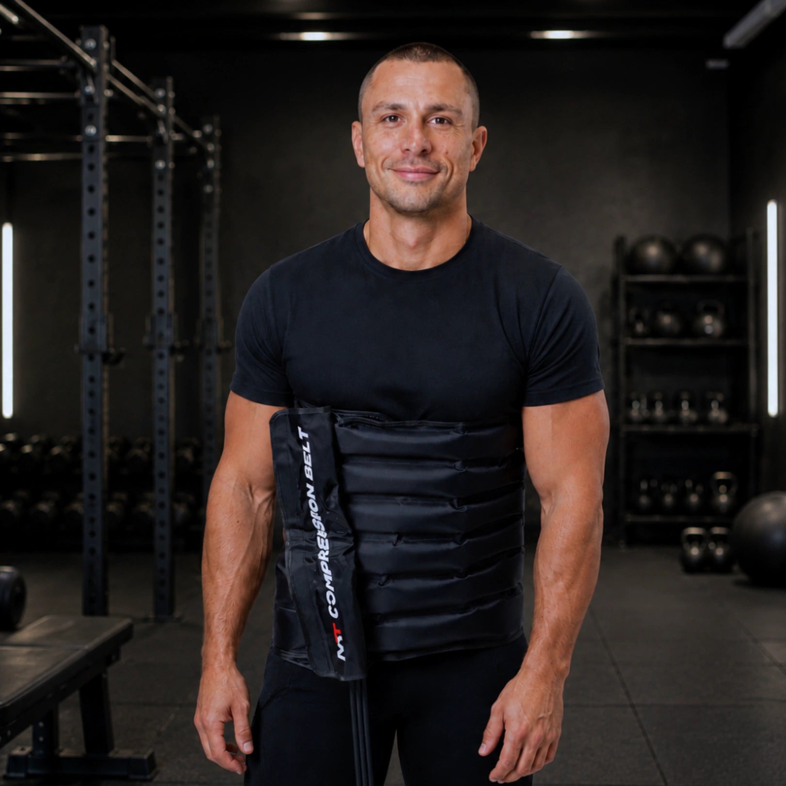 Movtech Compression Belt a törzsön, edzőteremben állva