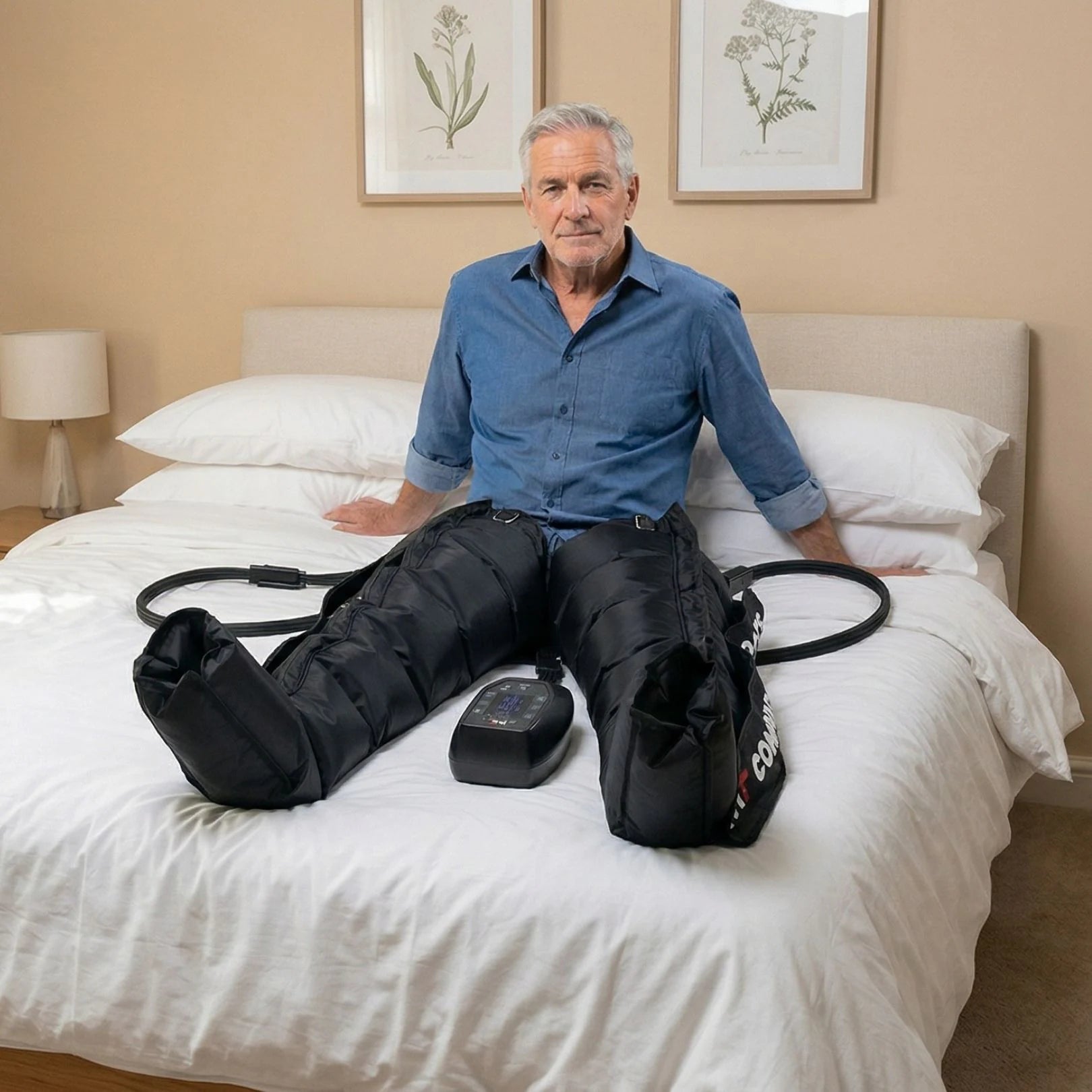 Movtech Compression Boots kompressziós csizma használata az ágyban ülve a lábak regenerációjára
