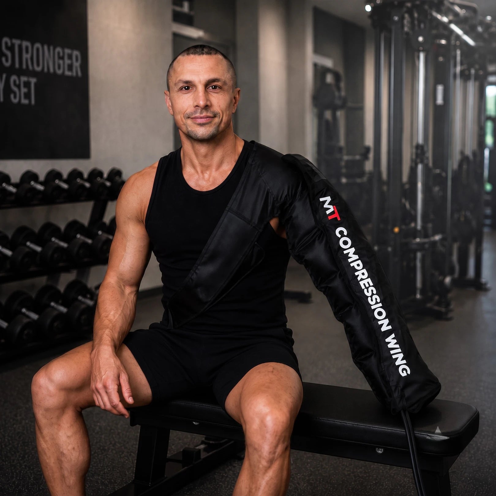 Movtech Compression Wings kar-mandzsetta edzőteremben, padon ülve