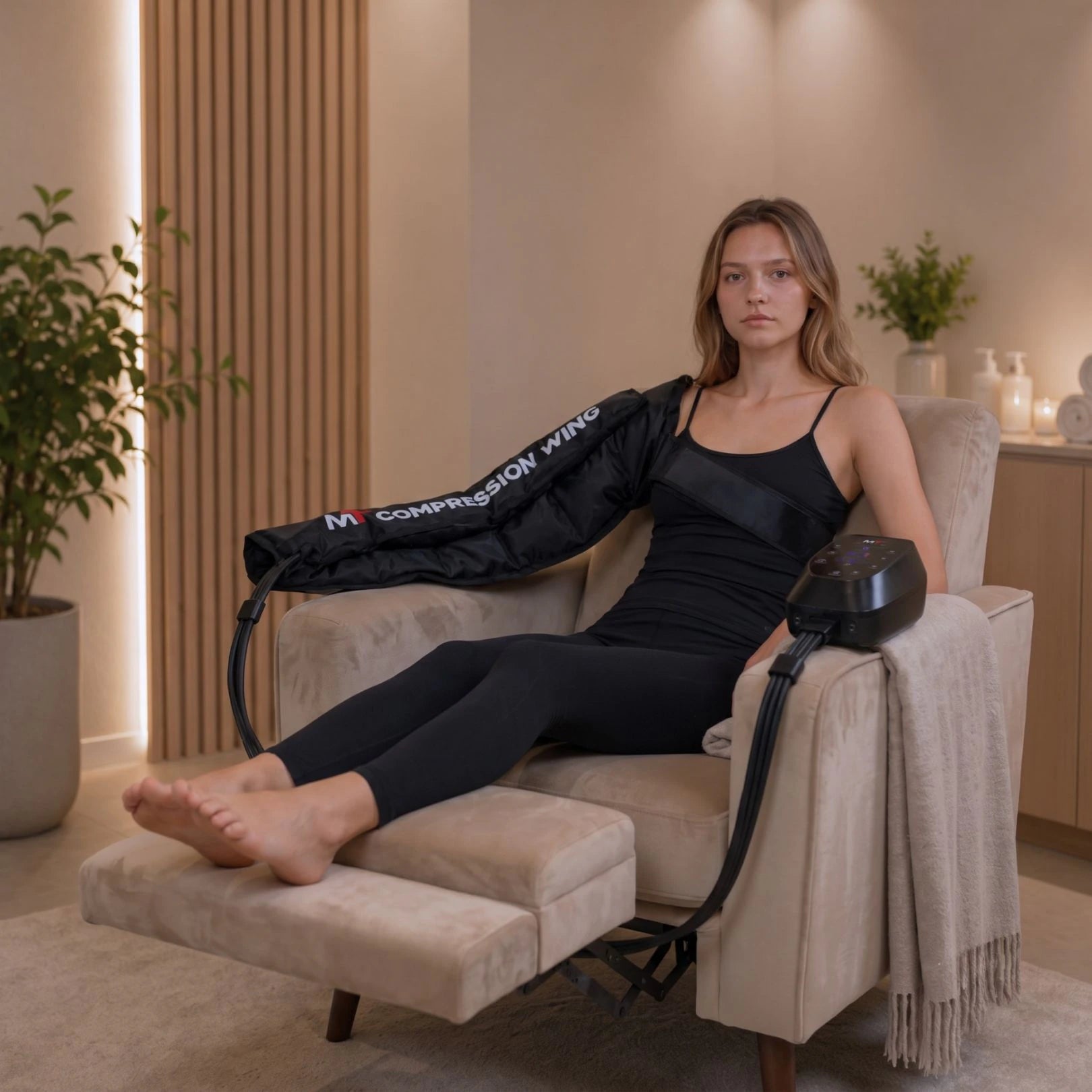 Movtech Compression Wings kompressziós kar-mandzsetta használata kényelmes fotelben ülve