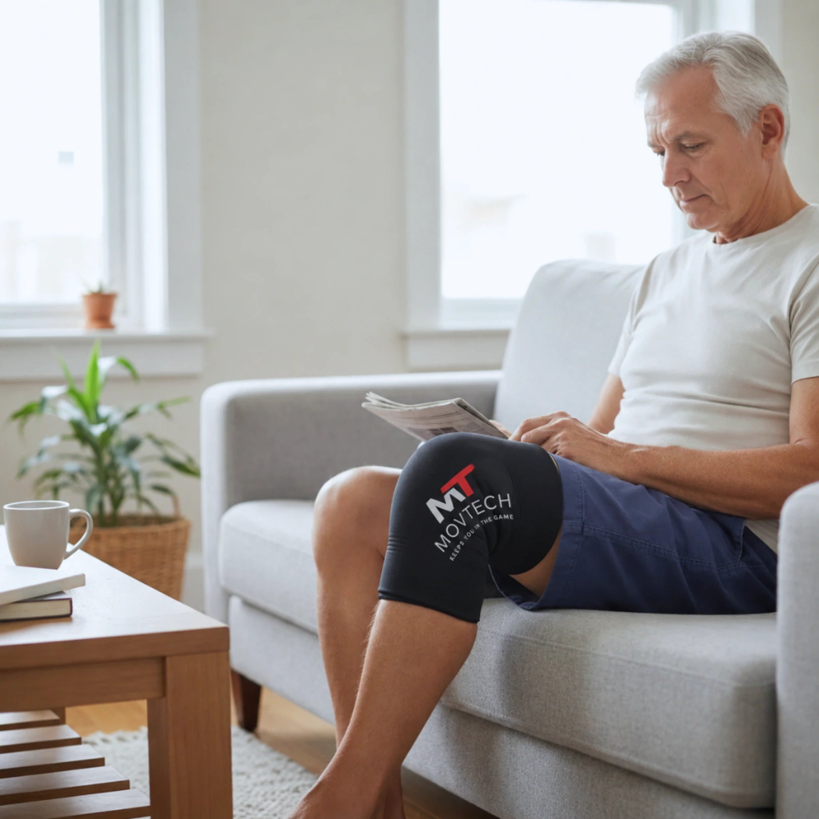 Movtech Cryoflex hideg és meleg borogatás a térden, olvasás közben a kanapén