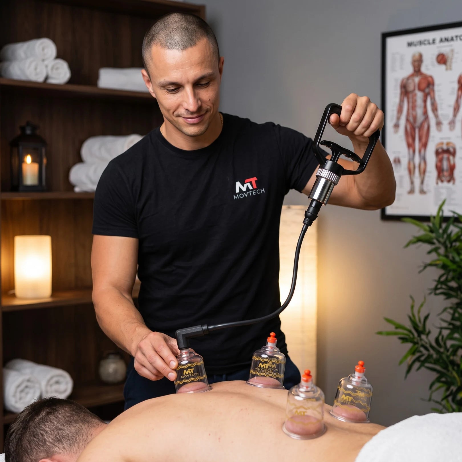 Terapeuta Movtech Cuppsett köpölyöző csészékkel és kézi pumpával kezeli egy férfi hátát