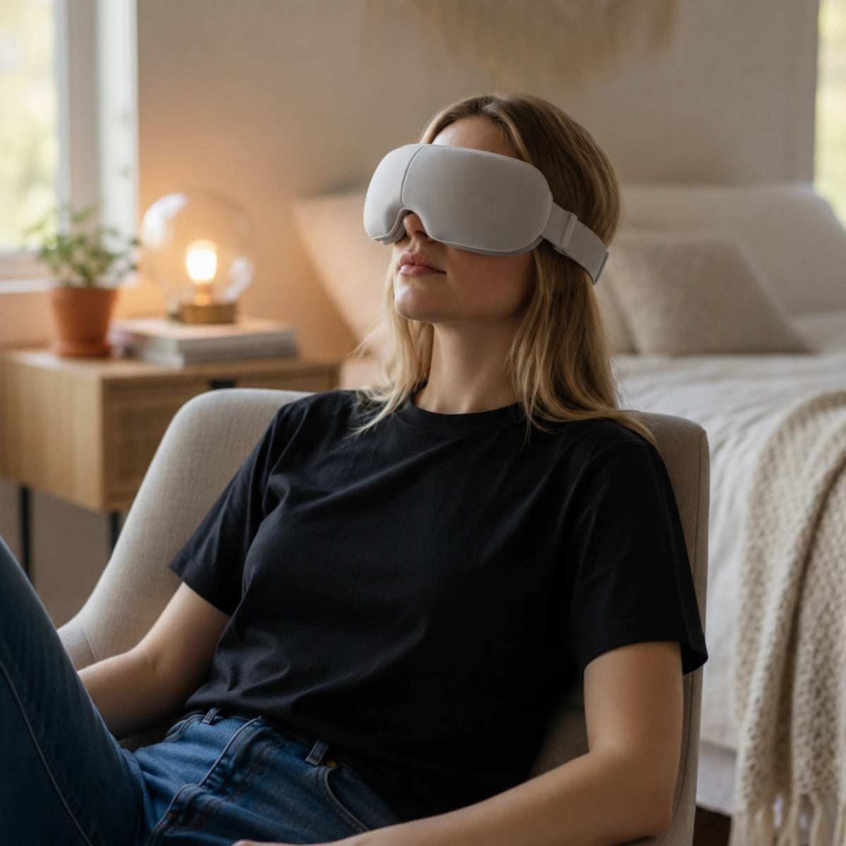 Movtech Eye Massager szemmasszírozó használata fotelben, hálószobában