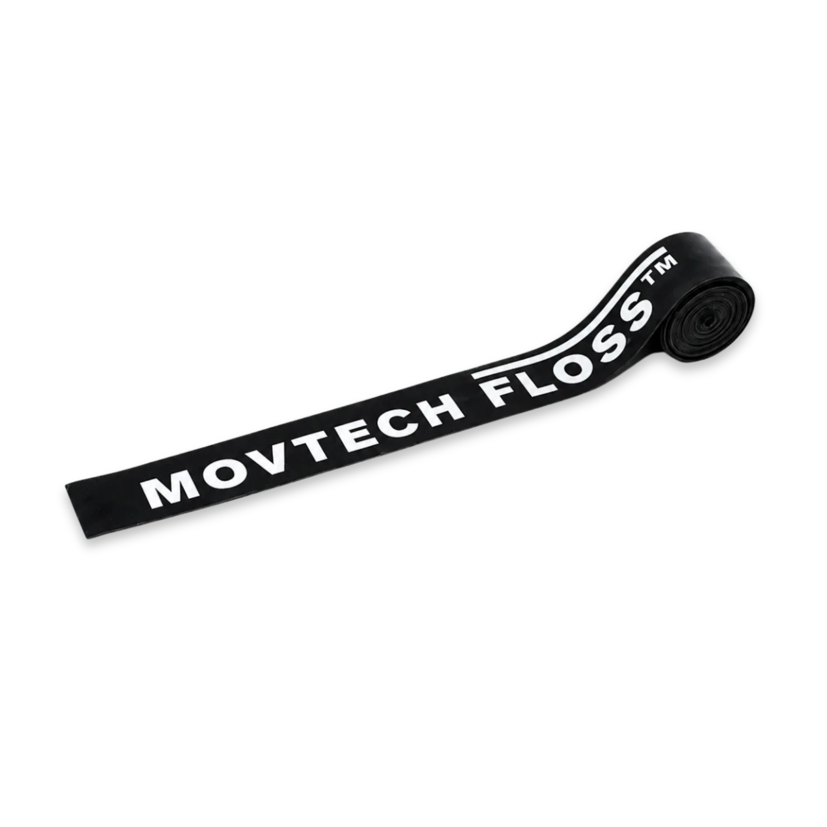 Movtech flossing gumiszalag fekete színben, kiterítve és félig feltekerve
