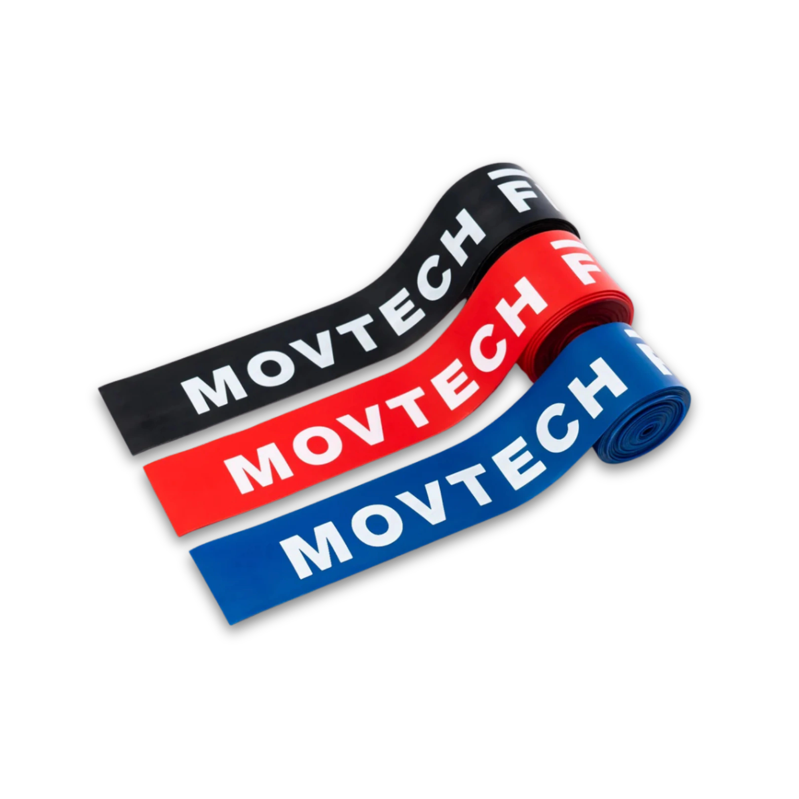 Movtech flossing gumiszalag fekete, piros és kék színben, félig feltekerve