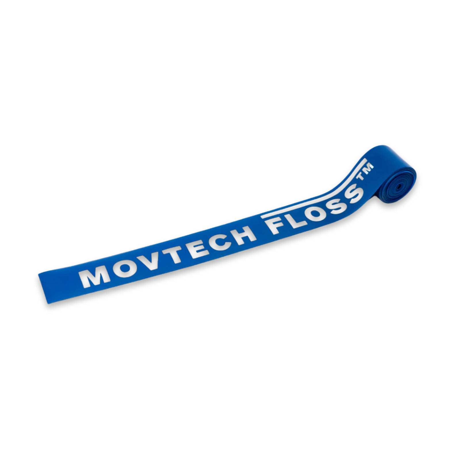 Movtech flossing gumiszalag kék színben, kiterítve és félig feltekerve