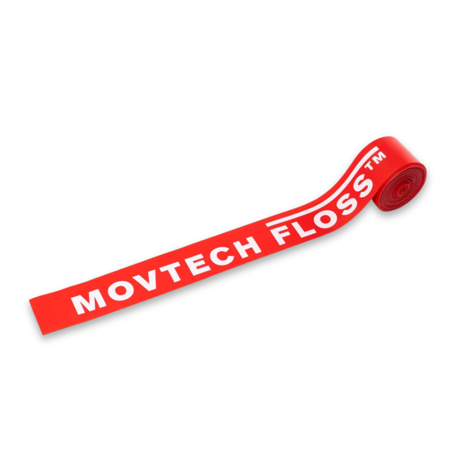 Movtech flossing gumiszalag piros színben, kiterítve és félig feltekerve