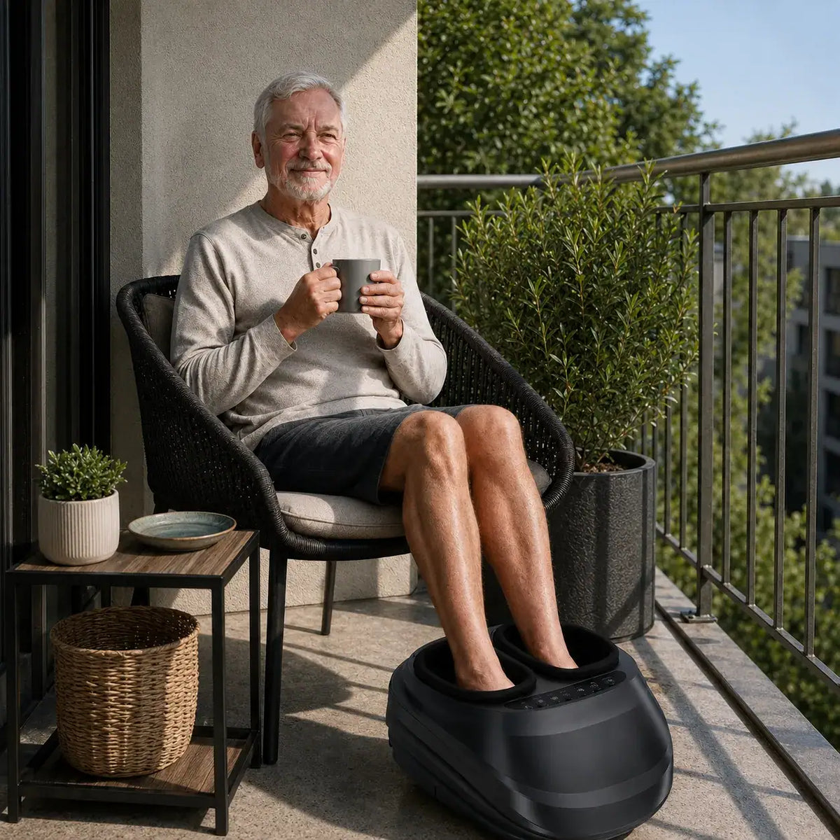 Idős férfi a teraszon a Movtech Foot Massager lábmasszírozóval