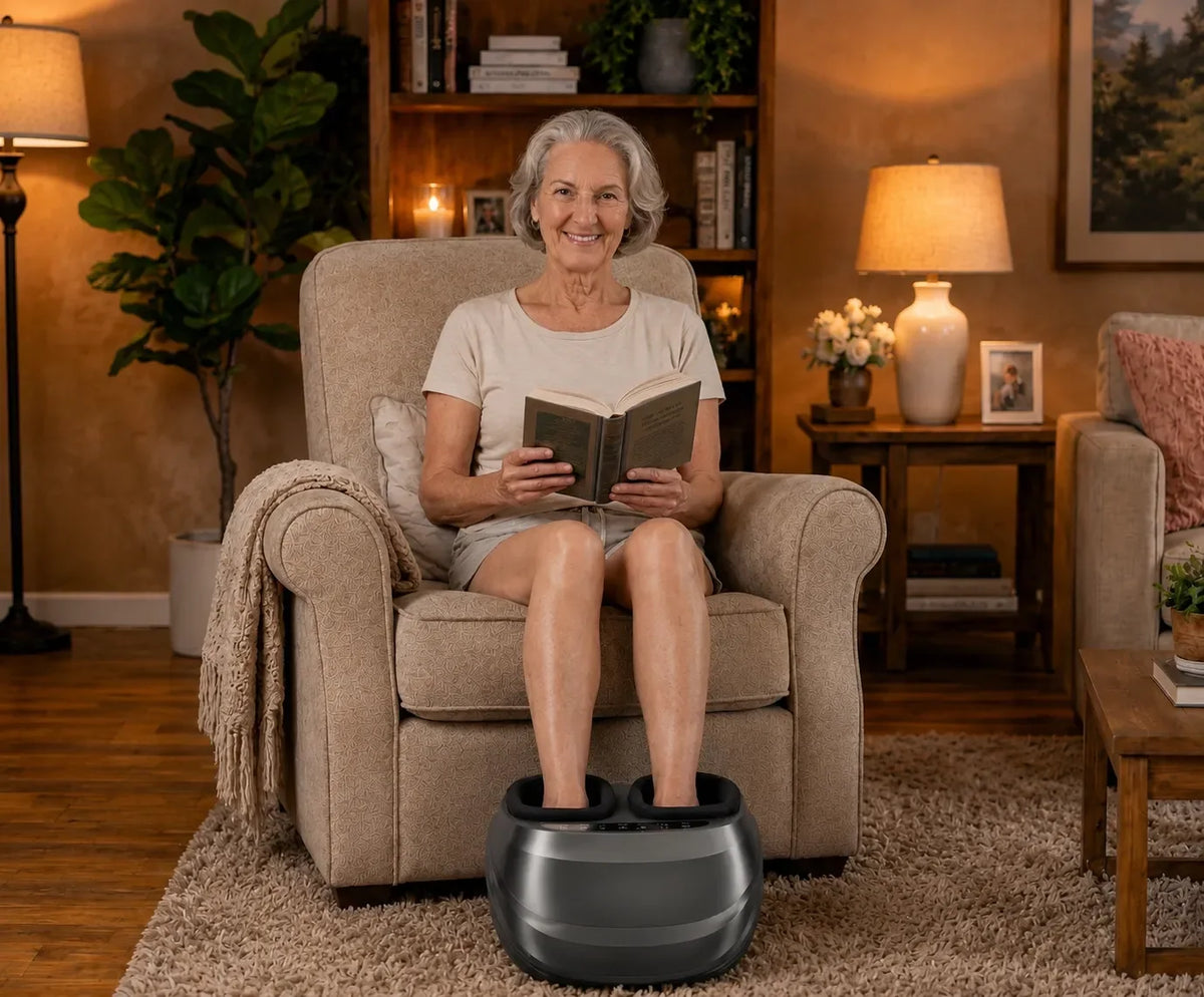 Idős nő olvasás közben a Movtech Foot Massager lábmasszírozóval
