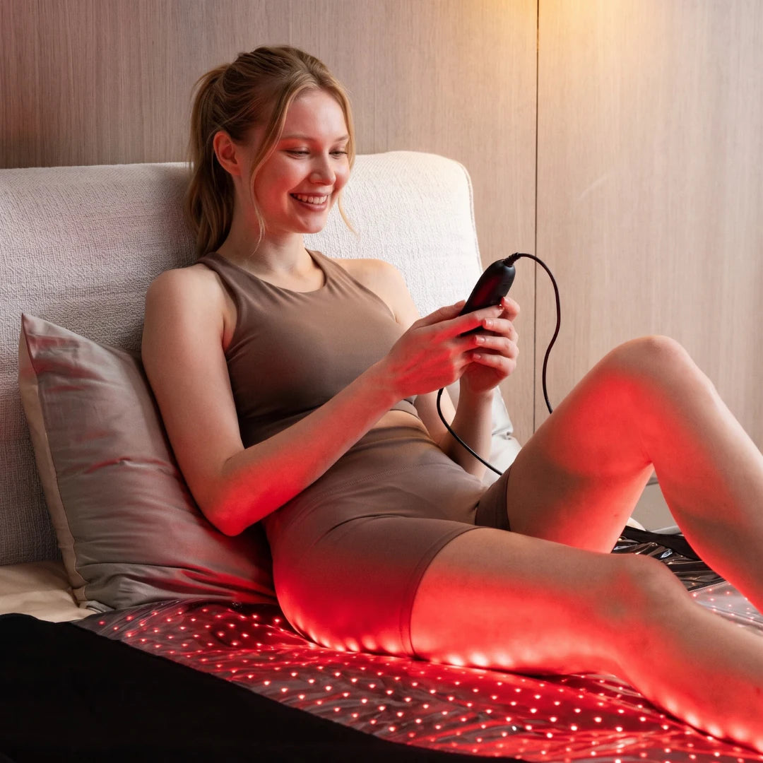 Nő az ágyban a Movtech Full Body Red Light Mat vörös LED-es matracon, kezében a vezérlővel