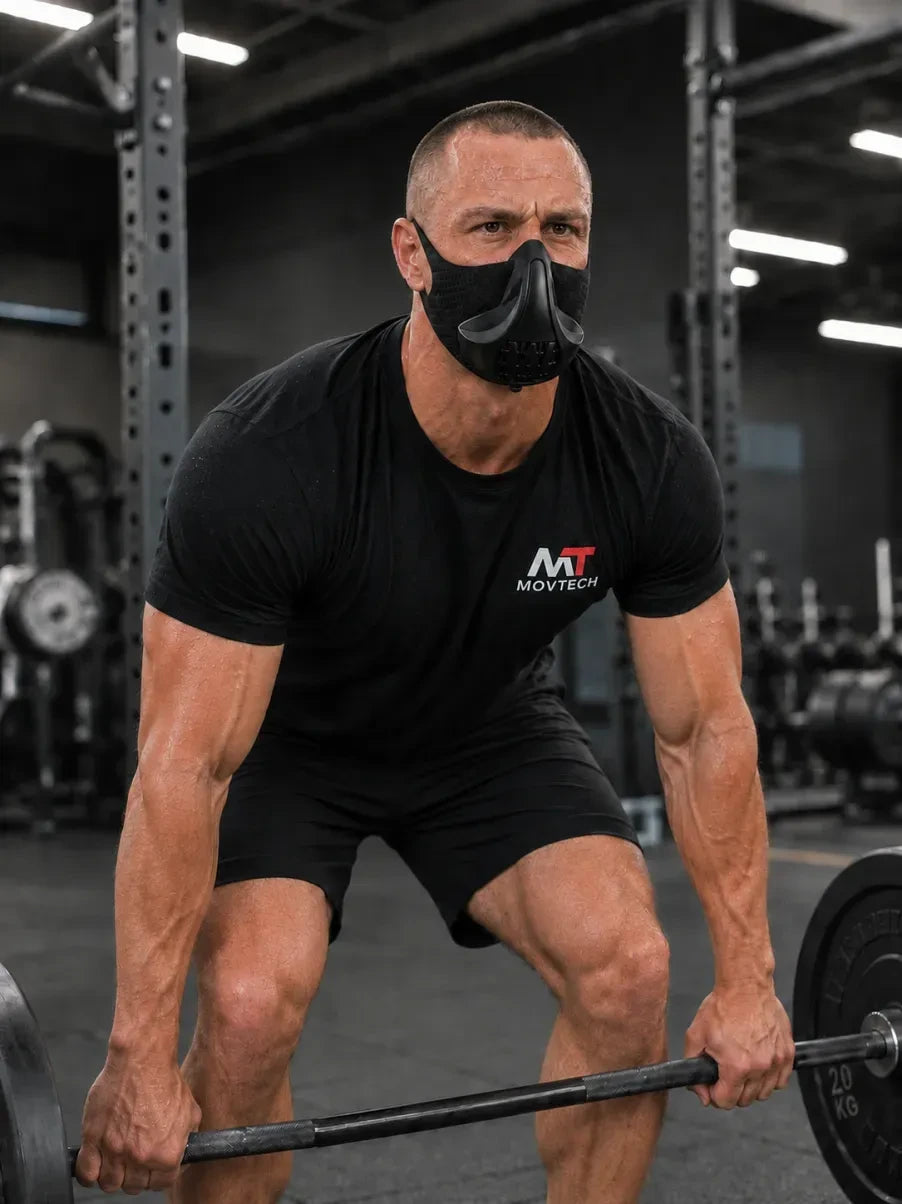 Férfi a Movtech Hyrox Mask edzőmaszkban felhúzás közben az edzőteremben