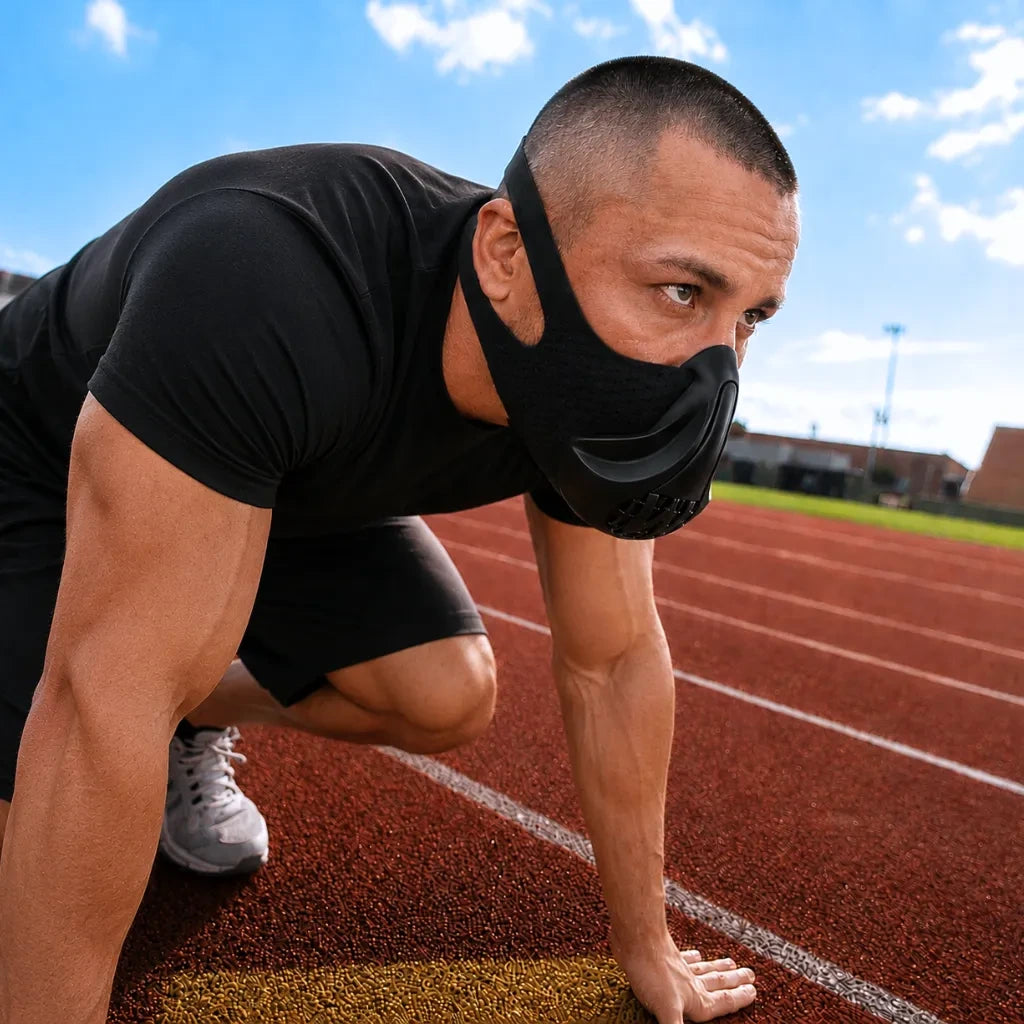 Férfi a Movtech Hyrox Mask edzőmaszkban rajthelyzetben a futópályán
