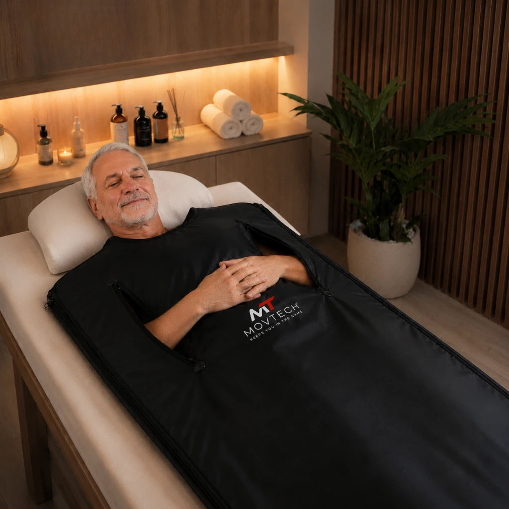 Idős férfi wellness-pihenés közben a Movtech Infra Sauna Blanket szaunatakaróban