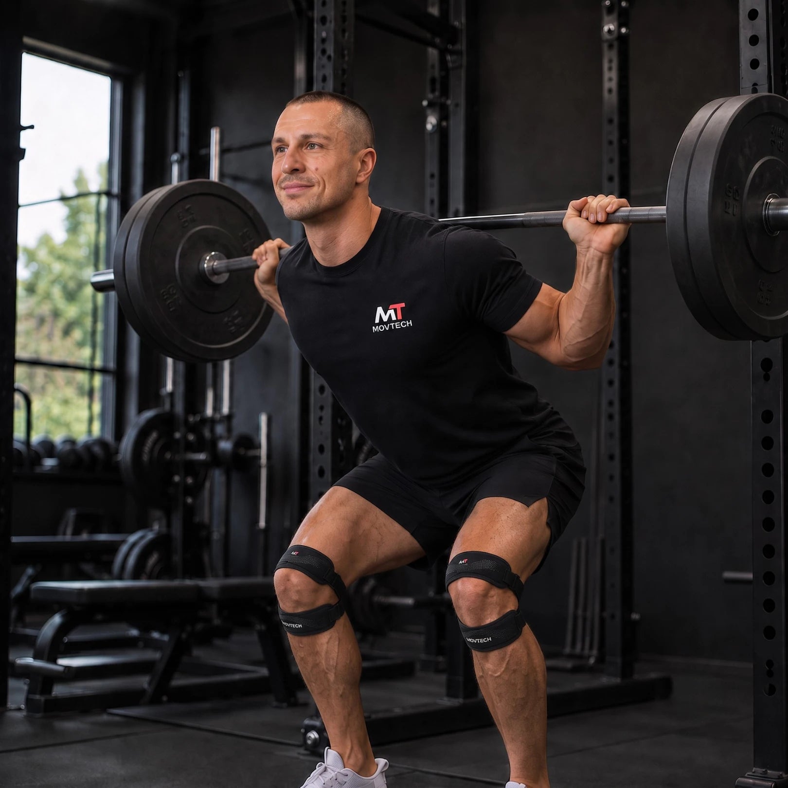 Movtech Knee Pro térdrögzítő guggolás közben az edzőteremben, mindkét térden