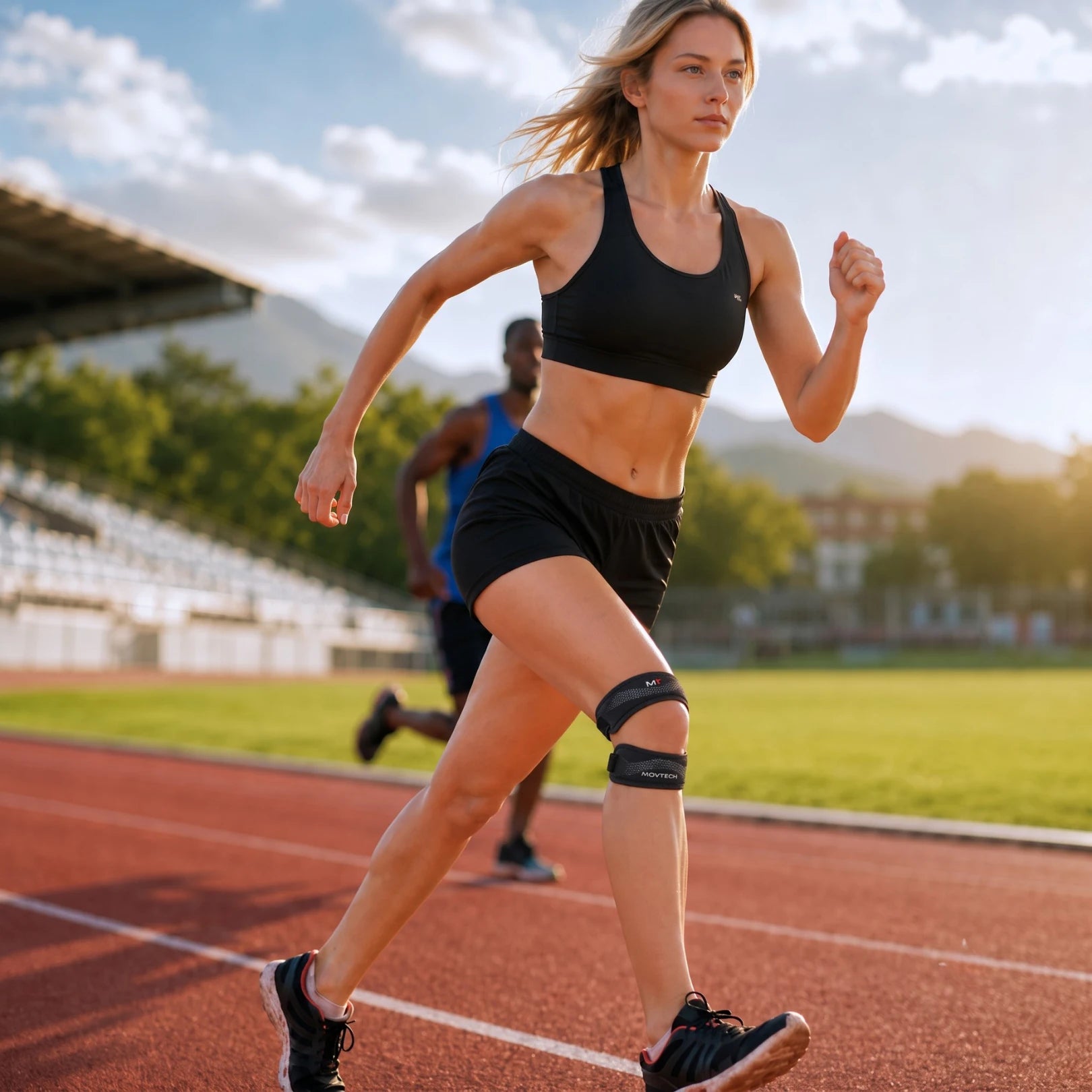 Movtech Knee Pro térdrögzítő futás közben, atlétikai pályán
