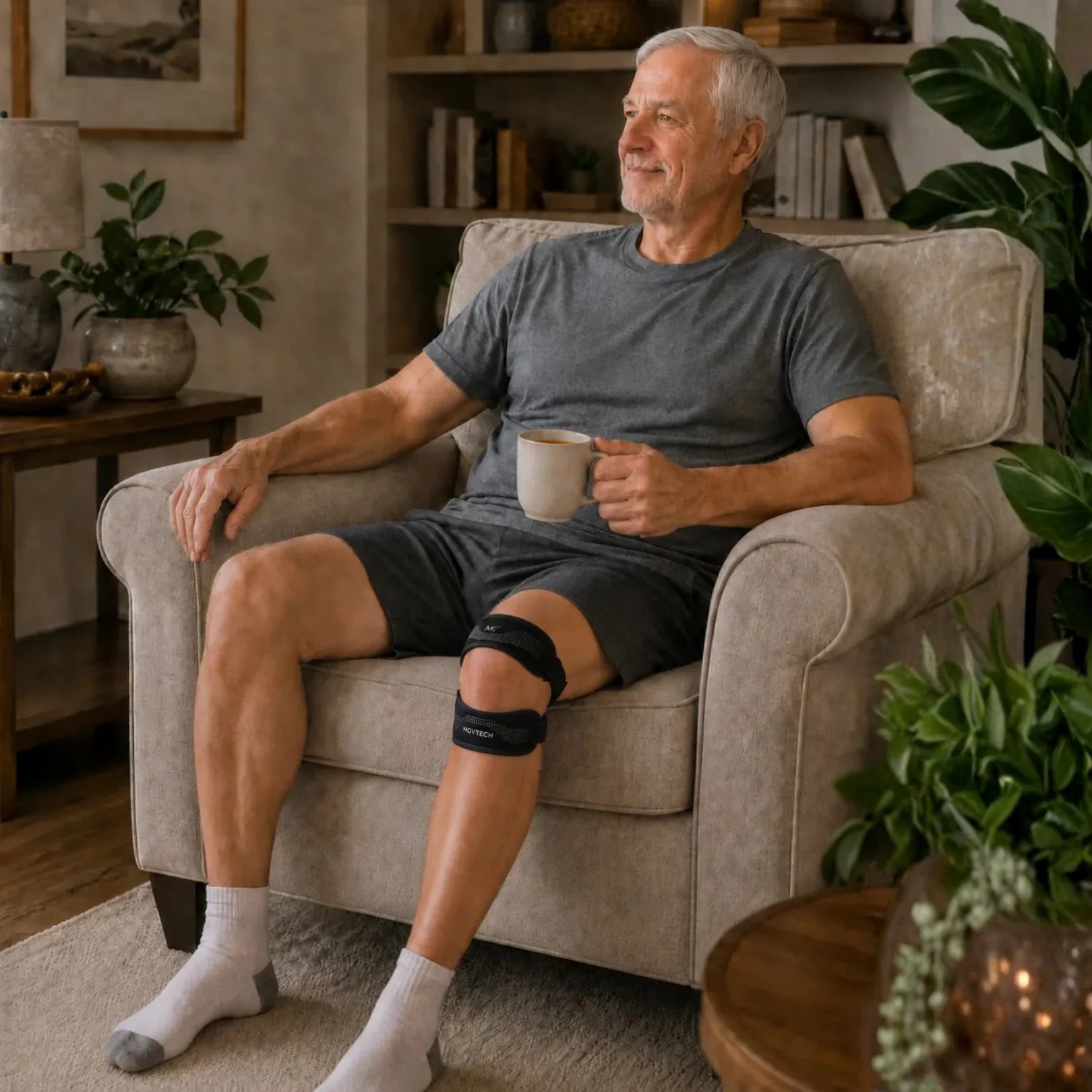 Movtech Knee Pro térdrögzítő otthoni pihenés közben, fotelben ülve