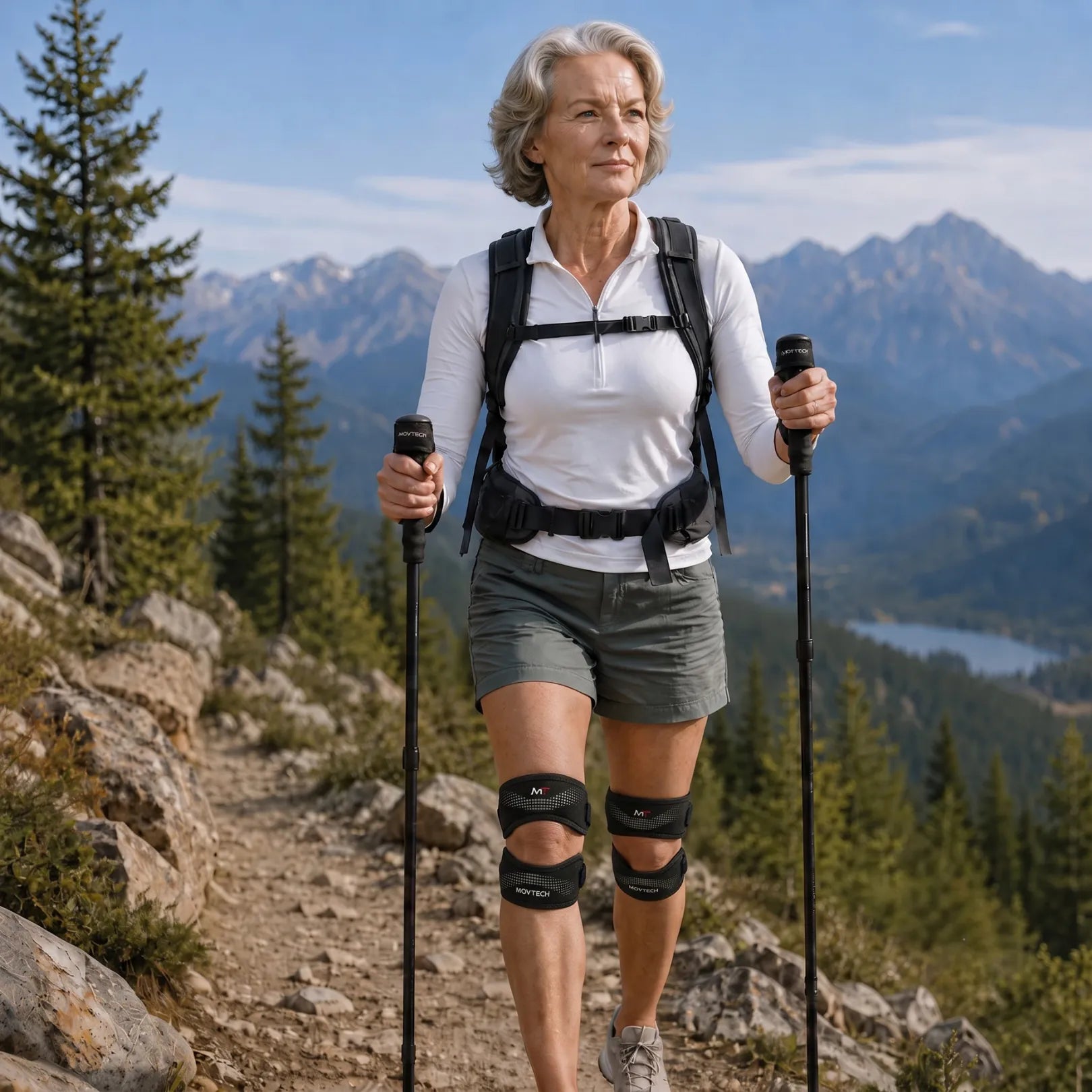 Movtech Knee Pro térdrögzítő túrázás közben, hegyi ösvényen, mindkét térden