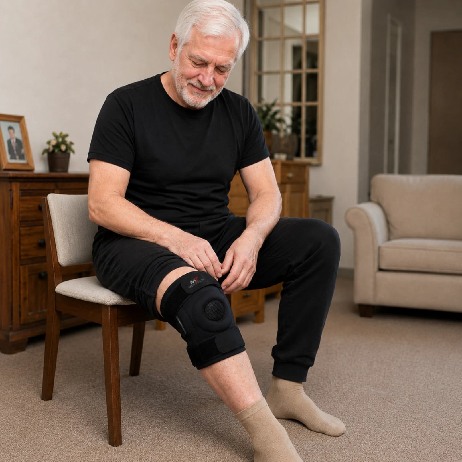Movtech Knee Support térdrögzítő otthon, széken ülő férfi térdén