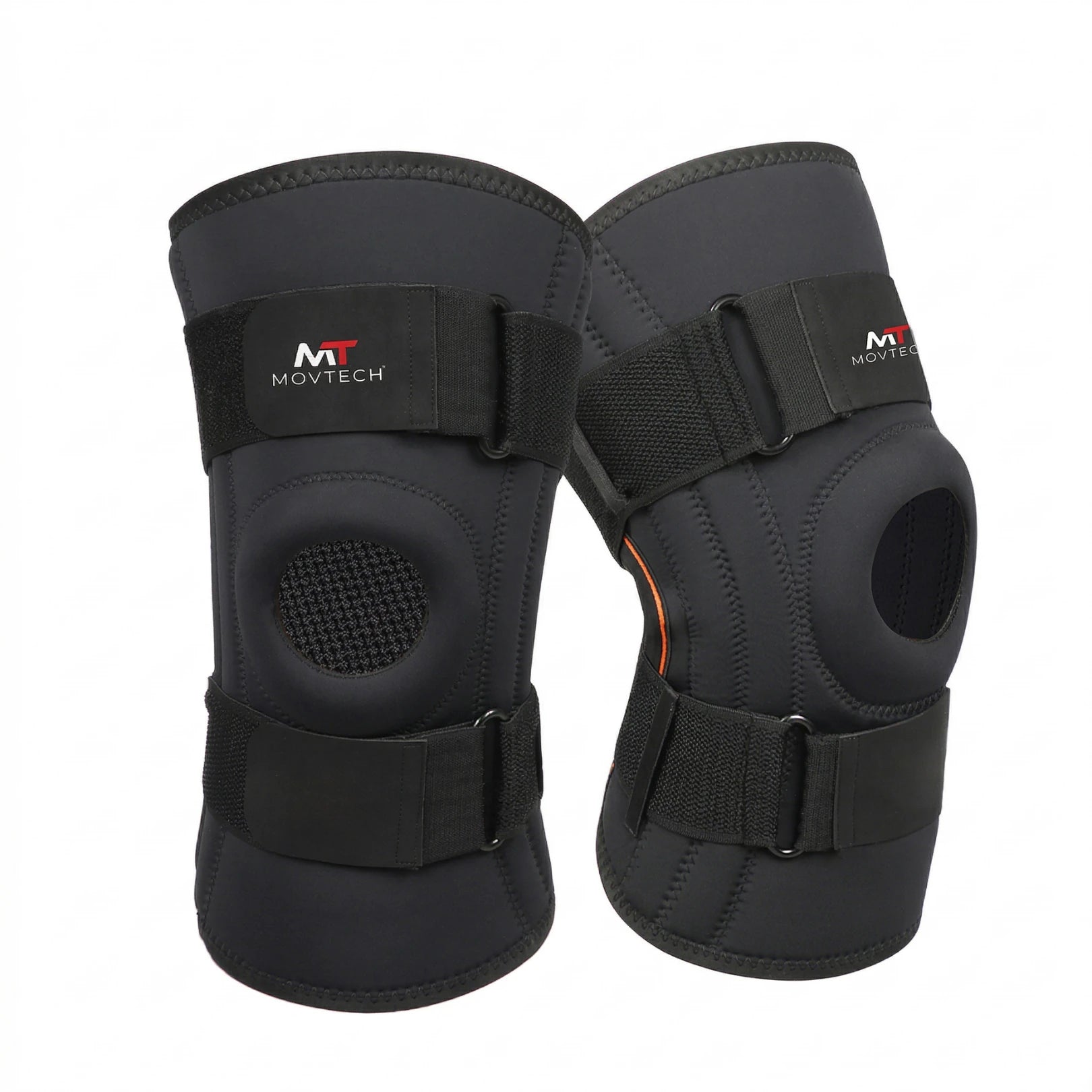 Movtech Knee Support térdrögzítő elölről és hátulról, fehér háttér előtt