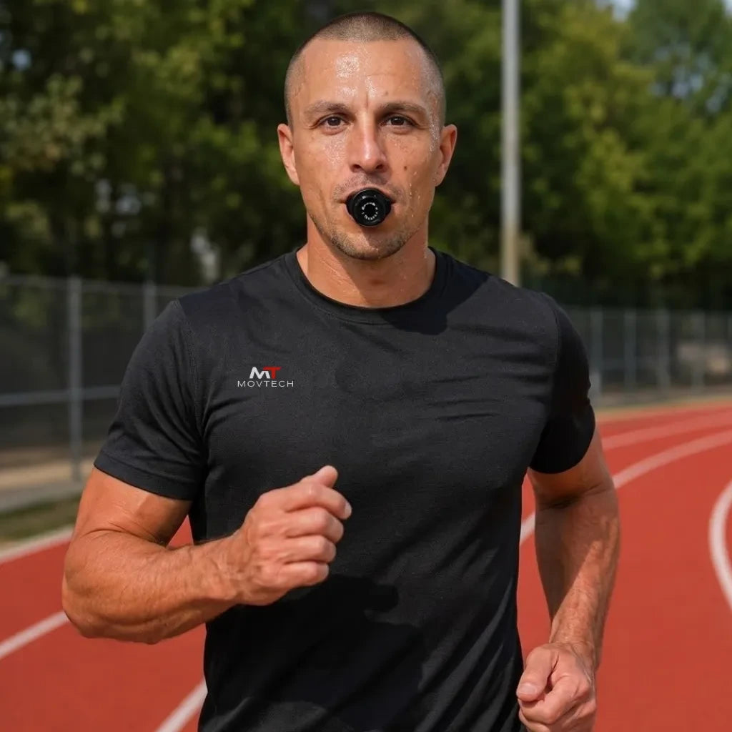 Férfi futás közben a szájában a Movtech OxyPro légzőizom-trénerrel