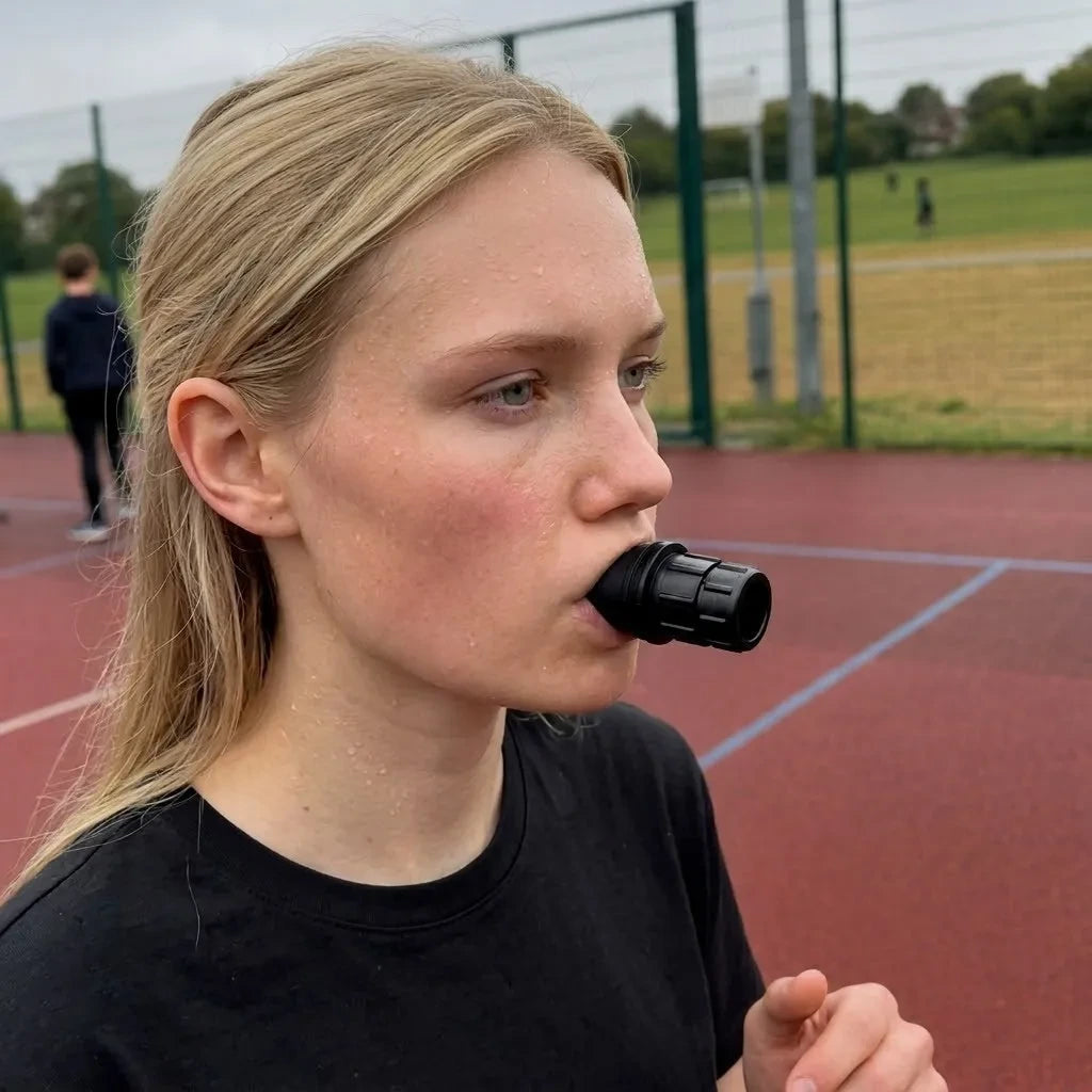 Nő a Movtech OxyPro légzőizom-trénerrel a sportpályán