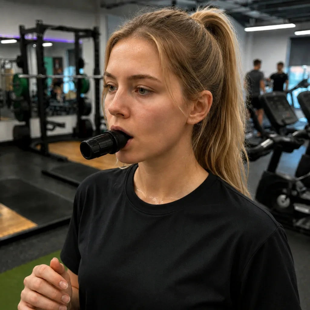 Nő a Movtech OxyPro légzőizom-trénerrel az edzőteremben