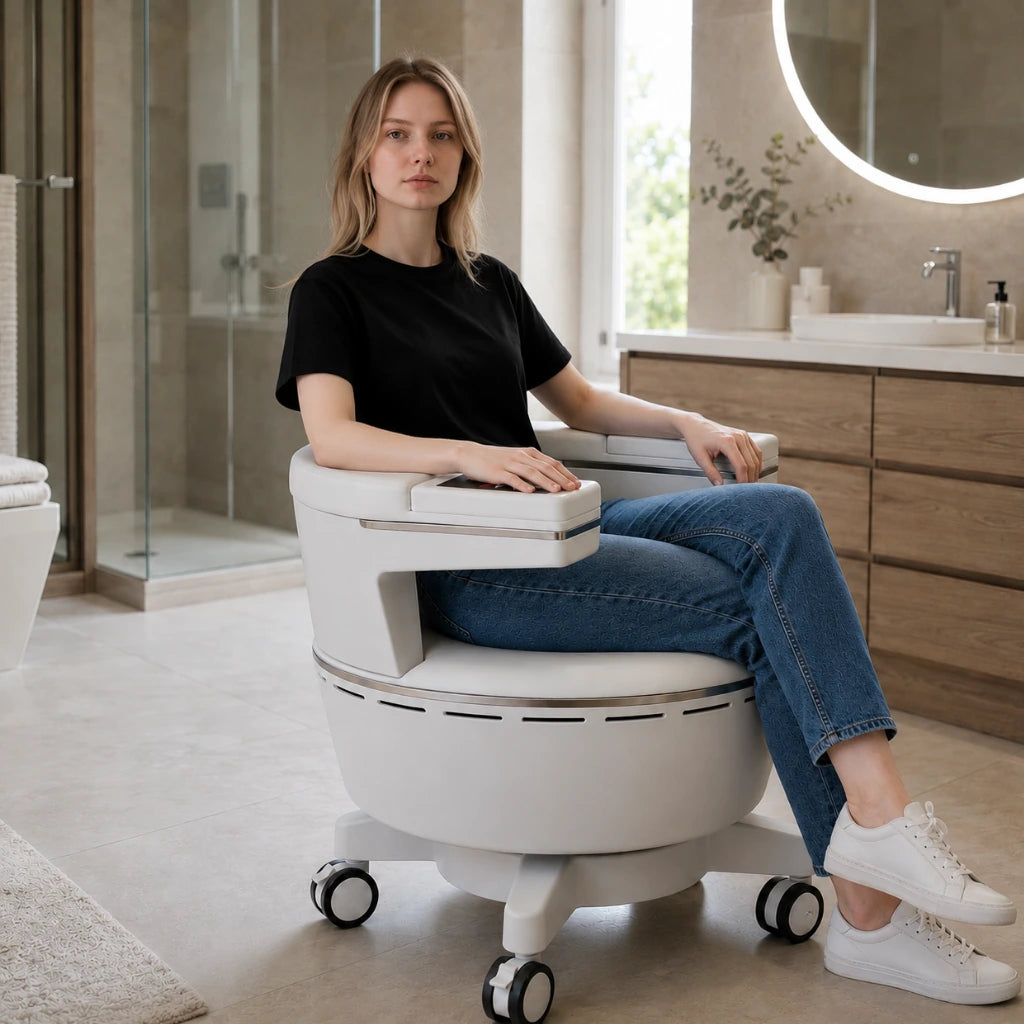 Fiatal nő ül a Movtech PelviCore Seat székben