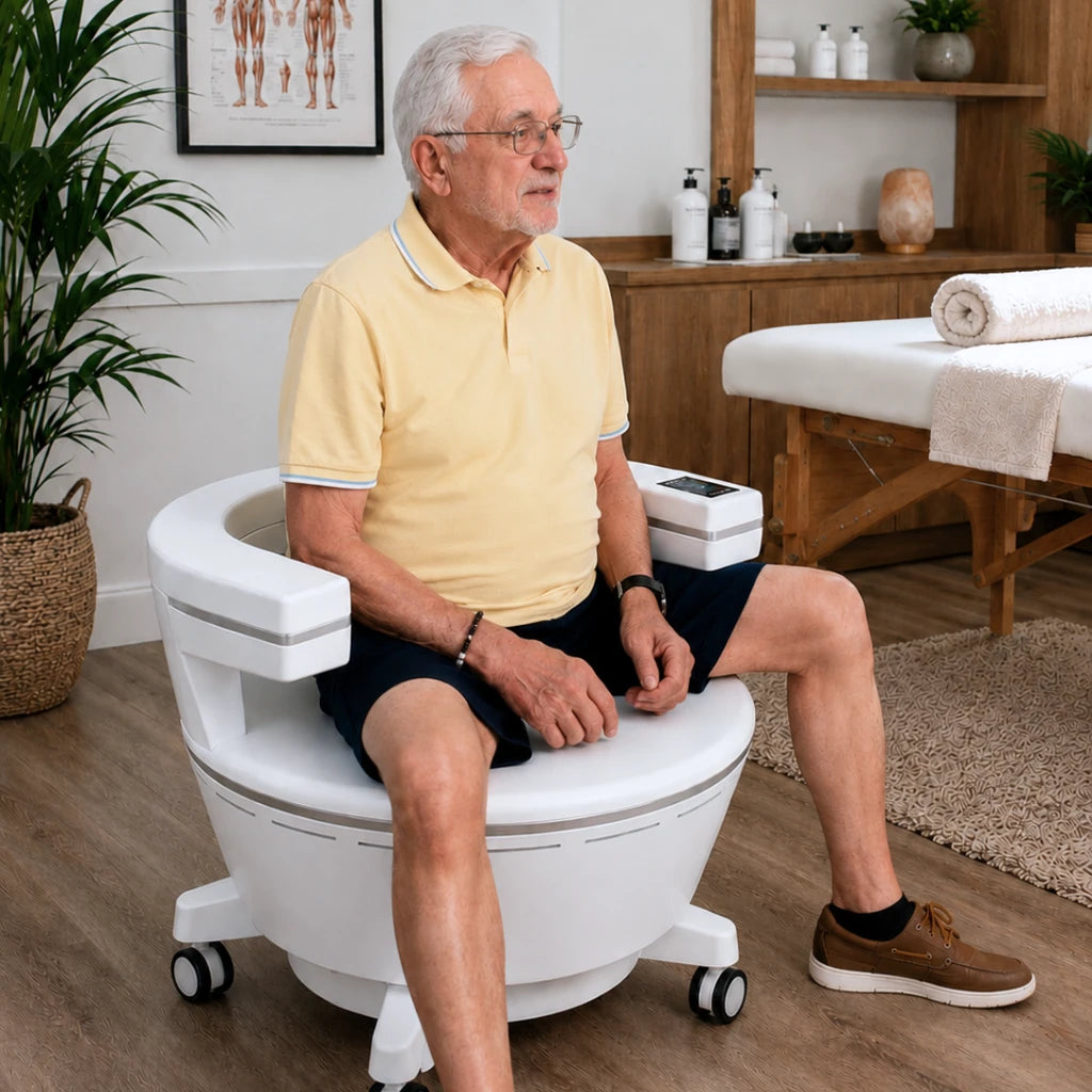 Idős férfi ül a Movtech PelviCore Seat székben