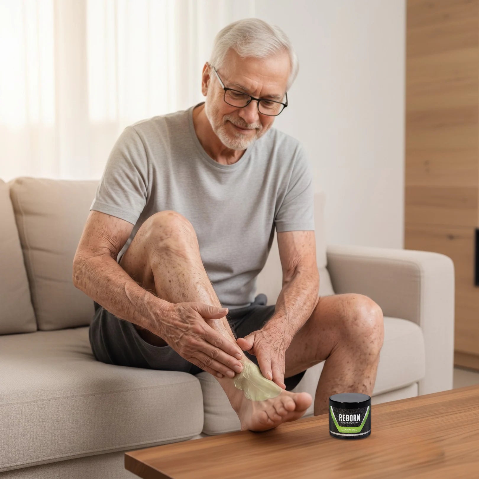 Movtech ReBorn Maximális Gyógynövény Koncentrátum a lábfejre kenve, az idős férfi előtt az asztalon a 150 ml-es tégely.