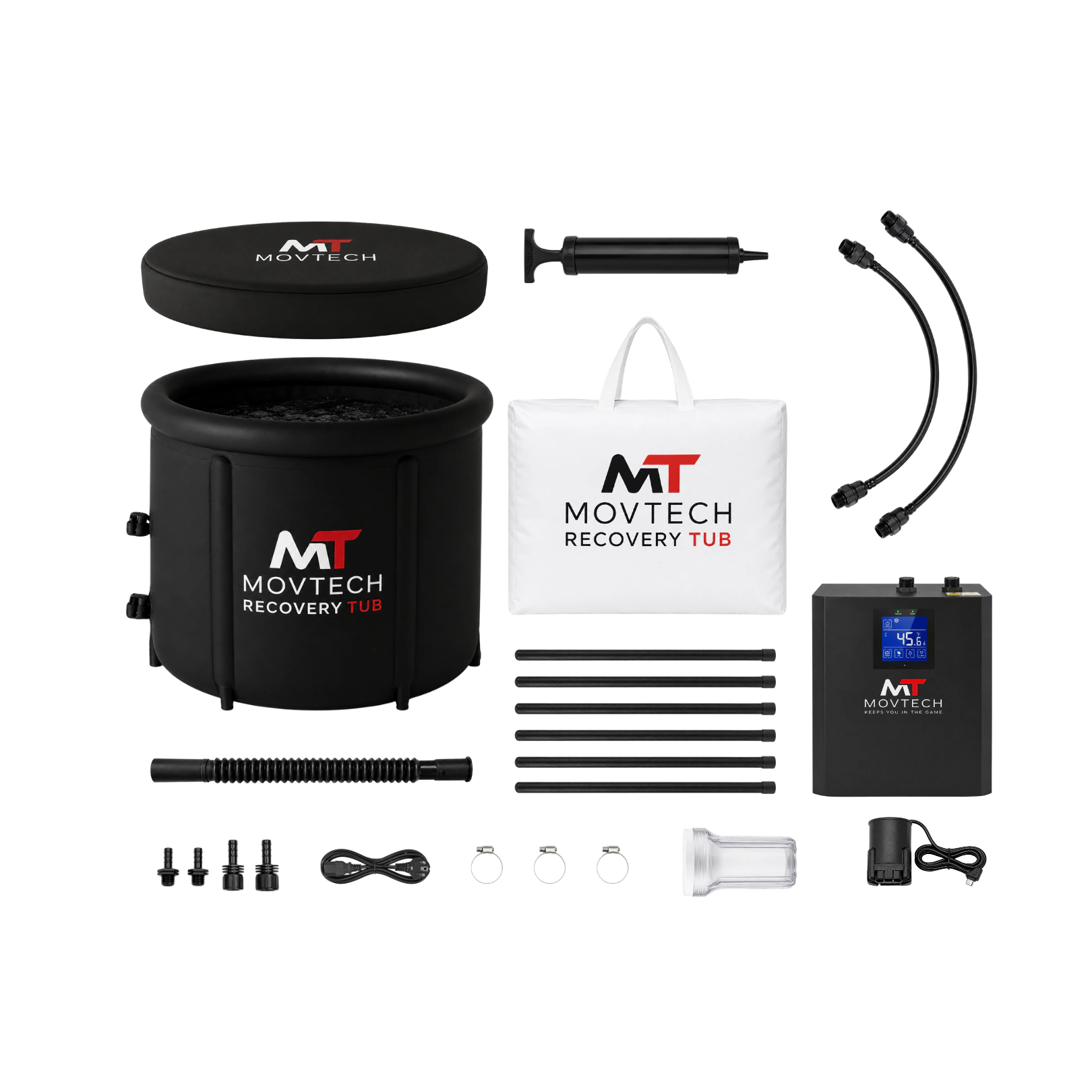 Movtech Recovery Tub jeges merülőkád és Tub Chiller hűtőberendezés csomag a kiegészítőkkel és csatlakozókkal