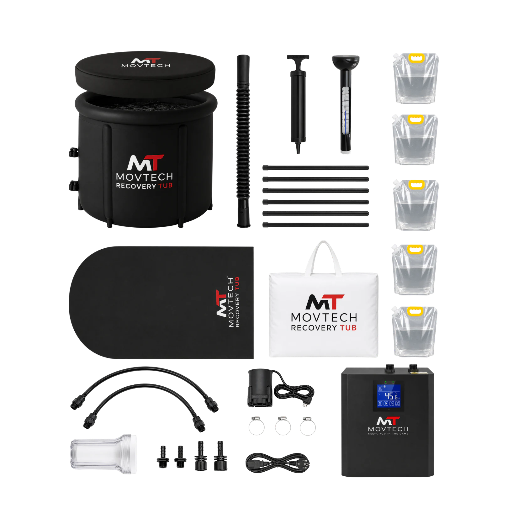 Movtech Recovery Tub jeges merülőkád és Tub Chiller hűtőberendezés teljes szett a tartozékokkal, hőszigetelő alátéttel, hordtáskával és jégtasakokkal