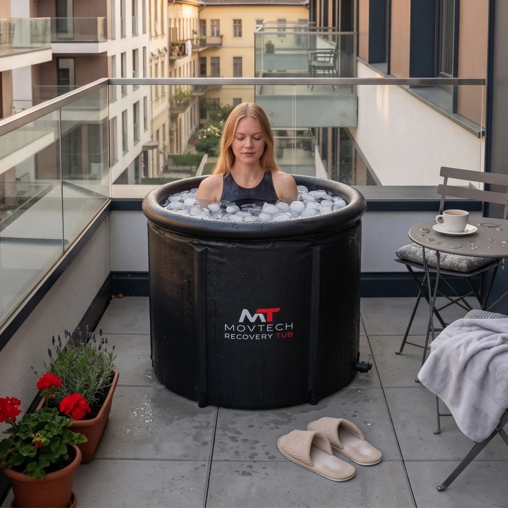 Movtech Recovery Tub jeges merülőkád használata erkélyen, ülő helyzetben