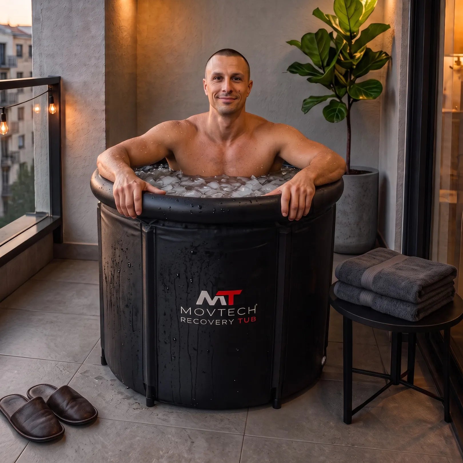 Movtech Recovery Tub jeges merülőkád használata erkélyen, jéggel töltve