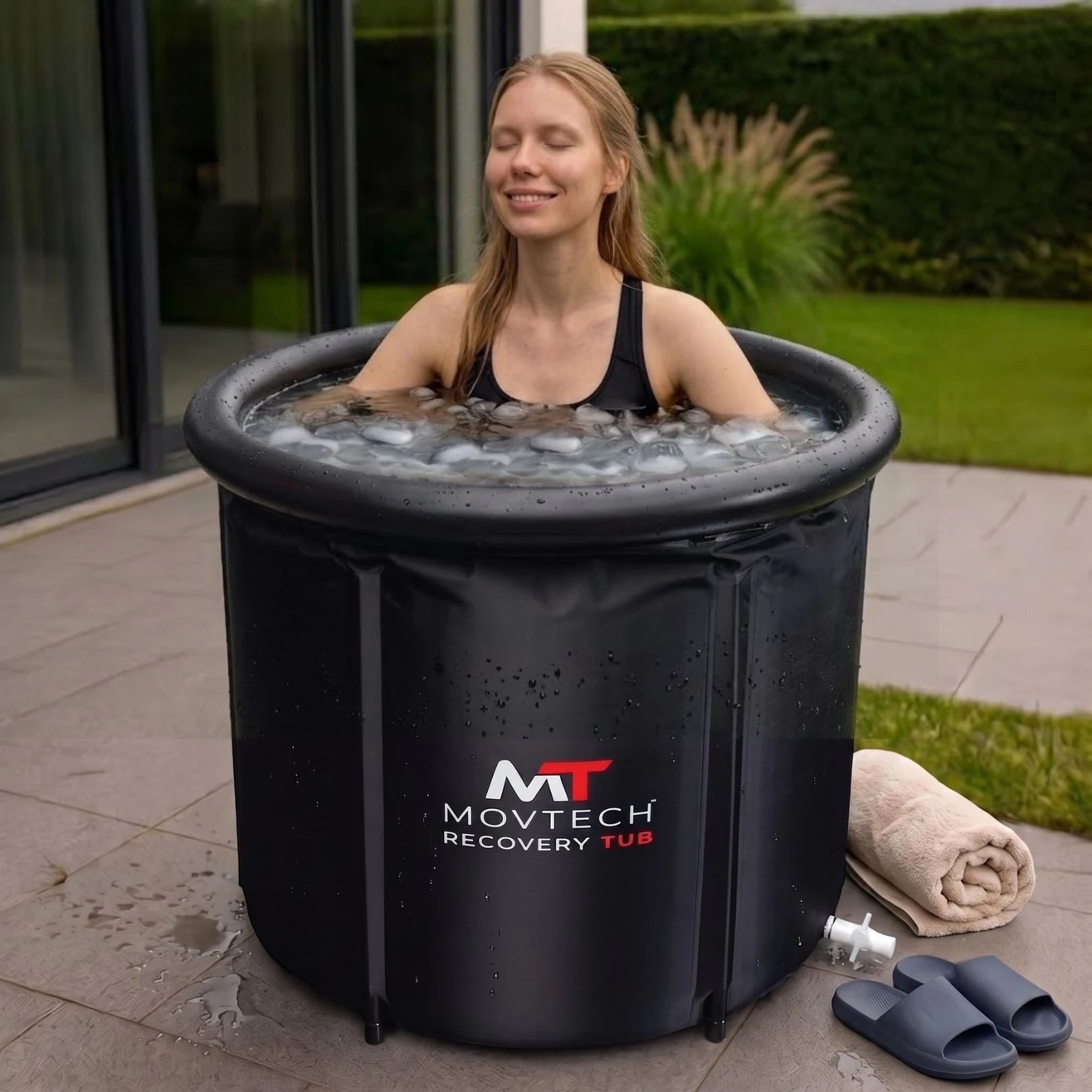 Movtech Recovery Tub jeges merülőkád használata teraszon jégkockákkal feltöltve