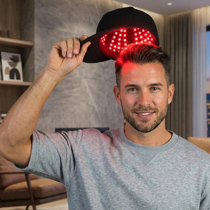 Férfi otthon felveszi a Movtech Red Light Cap sapkát