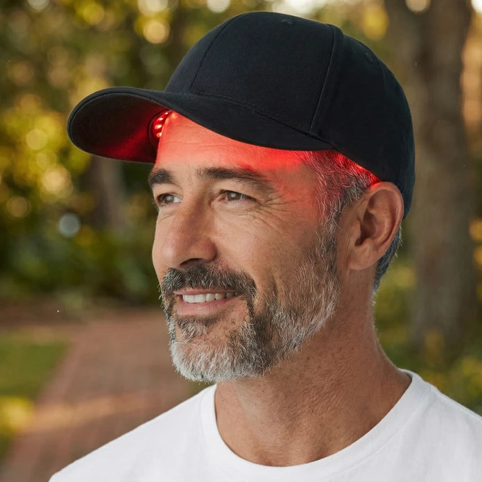 Férfi a Movtech Red Light Cap sapkát viseli a kertben