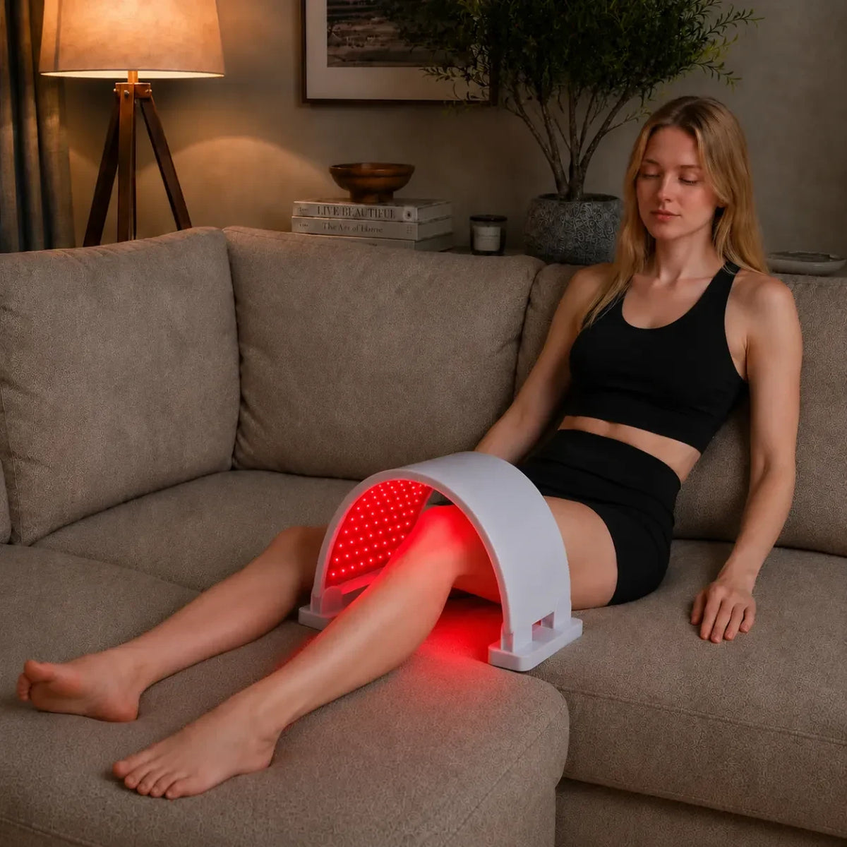 Nő a kanapén, a lábán íves Movtech Red Light Lux LED-panellel
