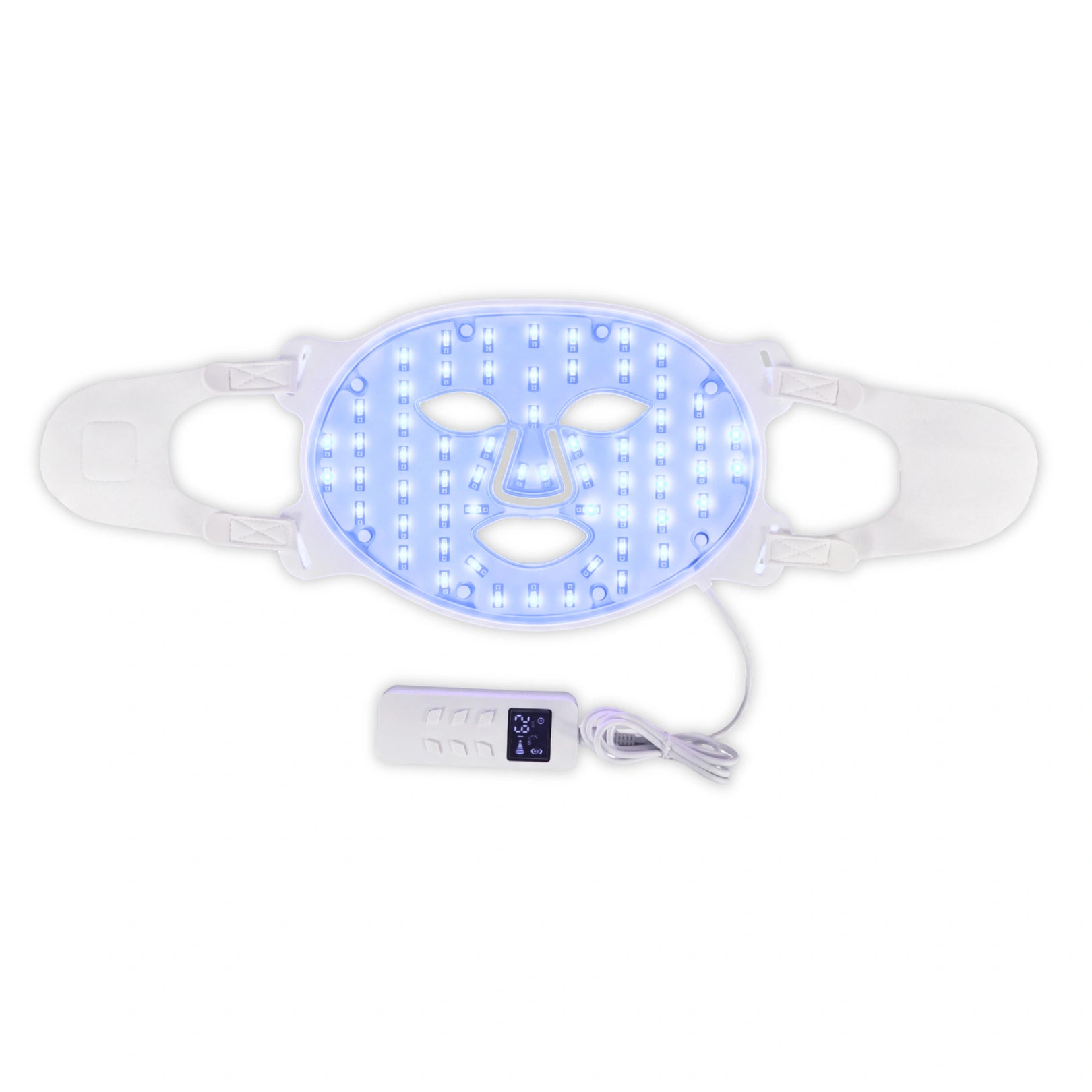 Movtech Red Light Mask LED arcmaszk kiterítve, kék fénnyel világítva, kézi vezérlővel