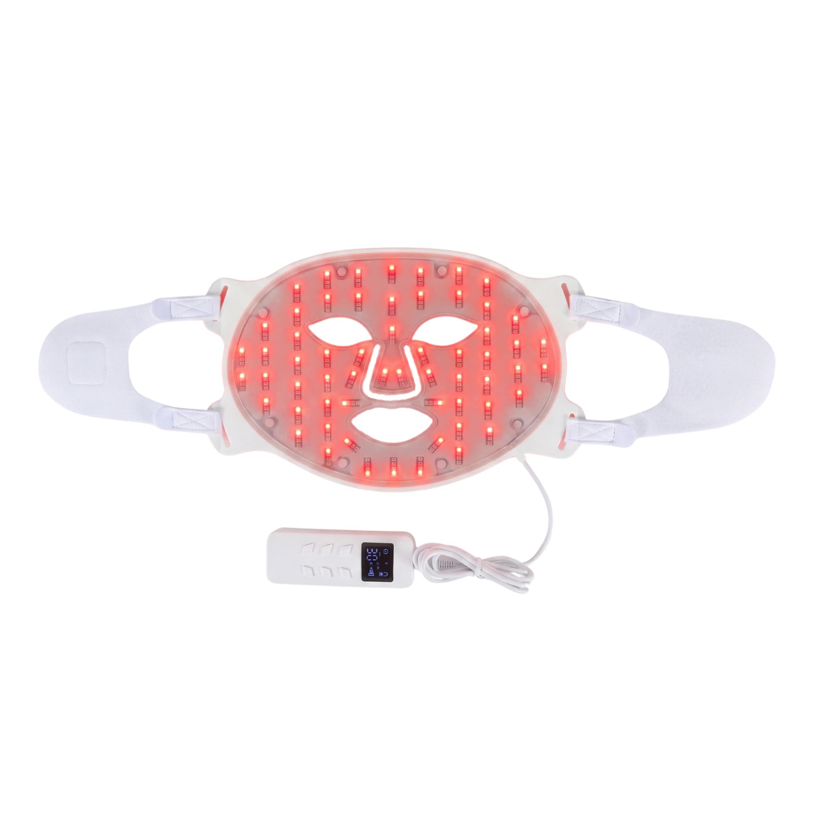 Movtech Red Light Mask LED arcmaszk kiterítve, piros fénnyel világítva, kézi vezérlővel