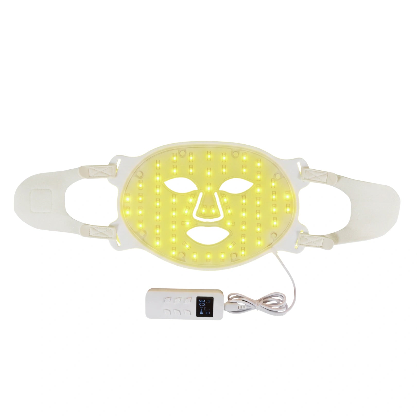 Movtech Red Light Mask LED arcmaszk kiterítve, sárga fénnyel világítva, kézi vezérlővel