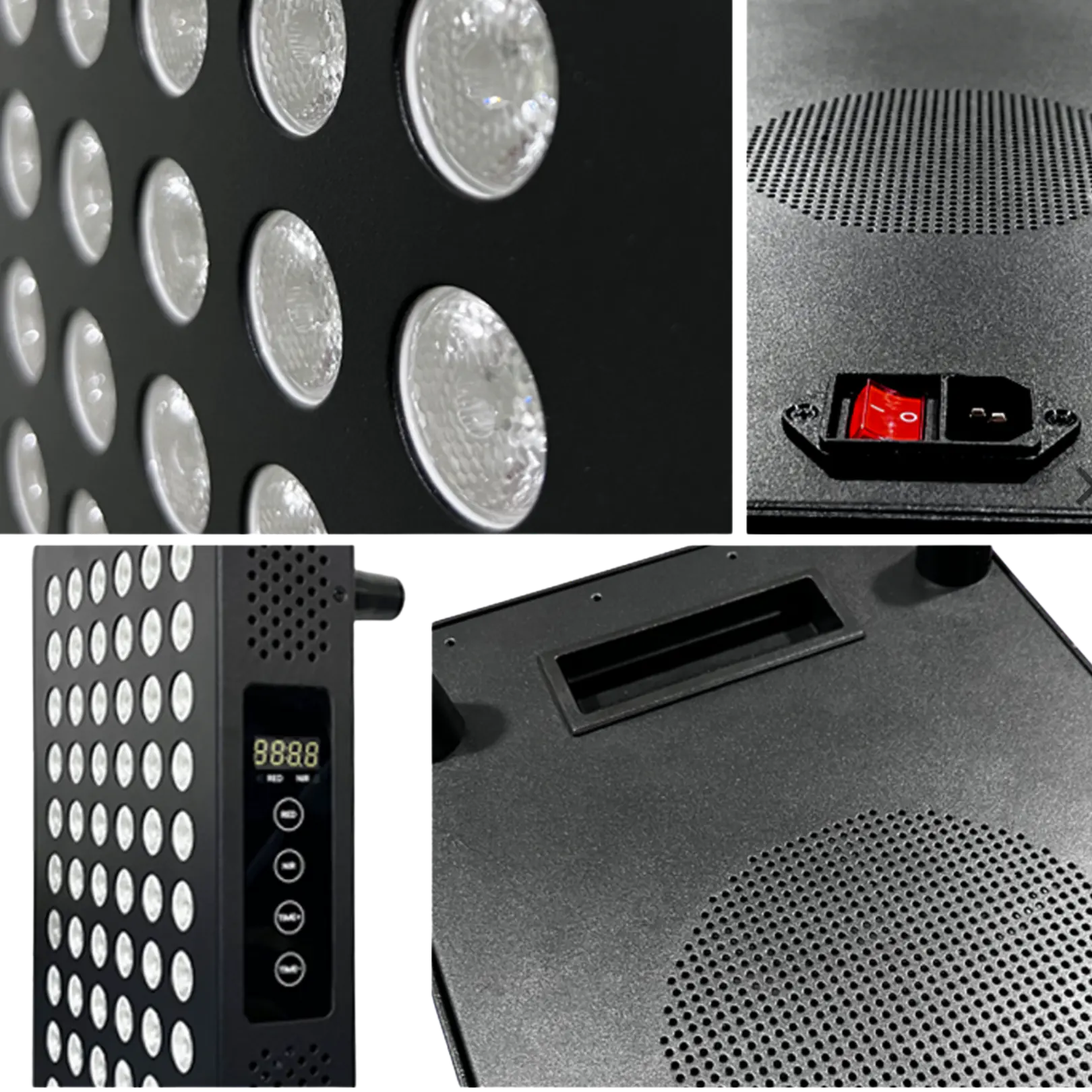 Movtech Red Light MAX 180 panel részletei: LED-ek közelről, hátoldali kapcsoló, kijelző és ventilátorrács